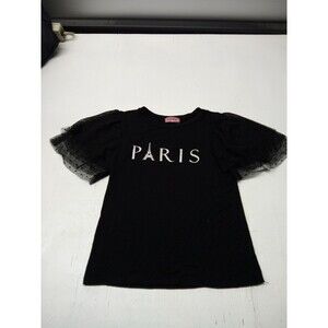 Rag Doll Womens Petite Small Black Lace Short Sleeve Round Neck Paris Spellout